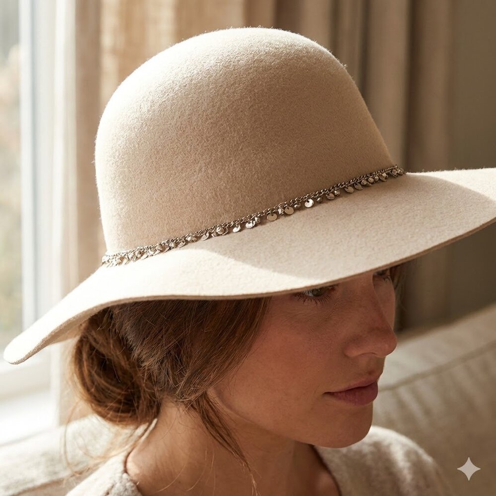 Steve Madden Women 100% Wool Cream Wide Brim Hat with Decorative Gold Coin Chain